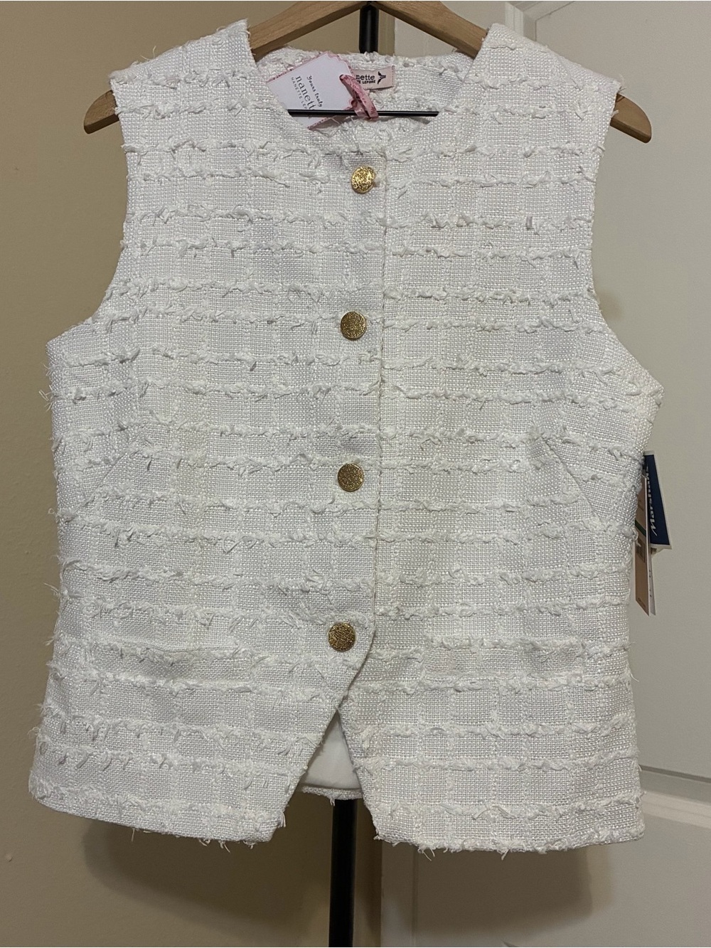 NWT Nanette Lepore White Tweed Button Front Fringed Vest - Size L